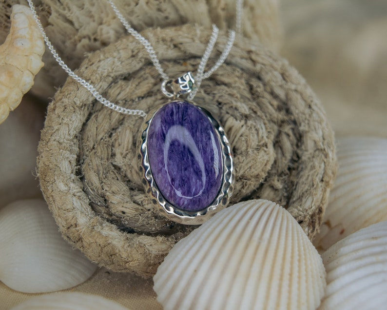 Thumbnail: Charoite Necklace - 925 sterling silver pendant with Purple Stone - Oval Shape