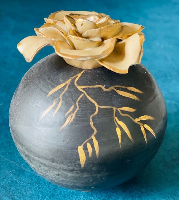 Thumbnail: Designer Black Vase with 24 Carat Gold Flowers