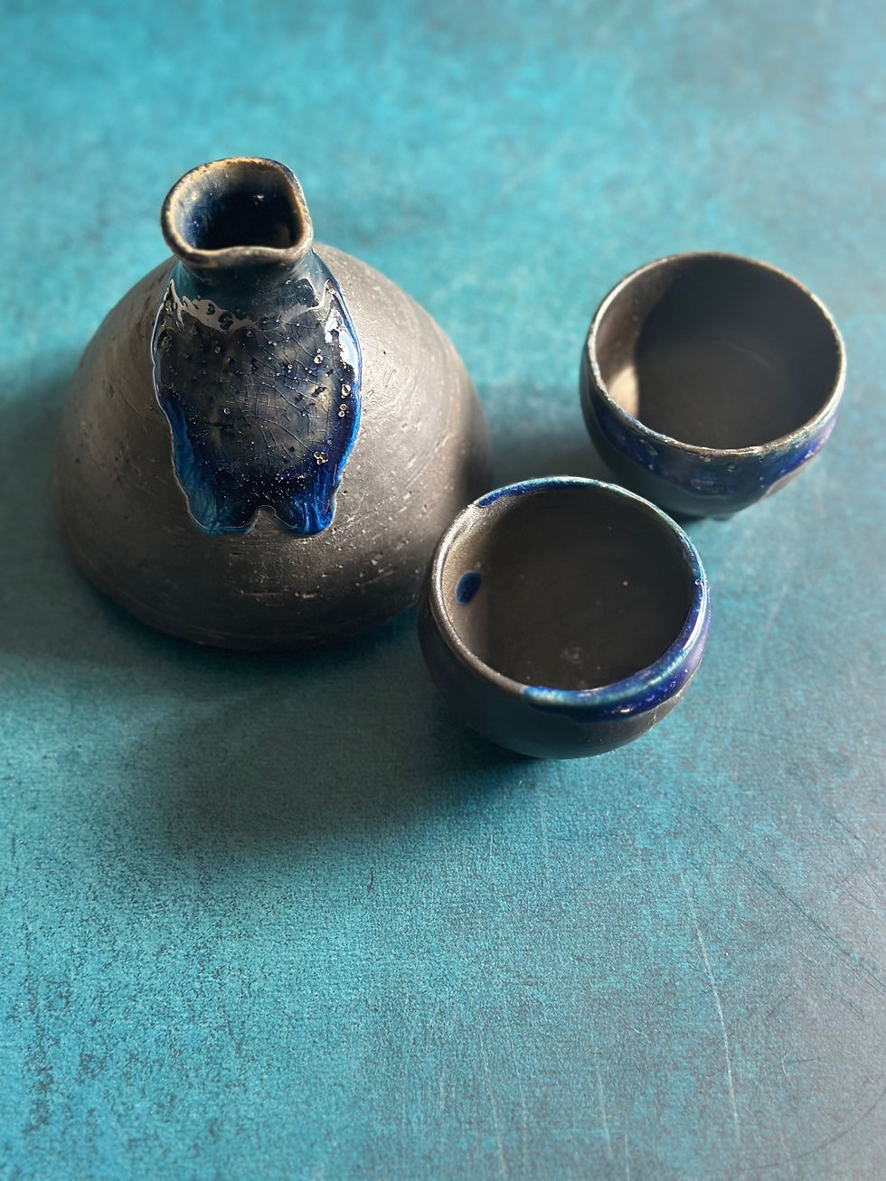 Thumbnail: Handmade Ceramic Blue Volcano Set- 3 piece Sake Set 