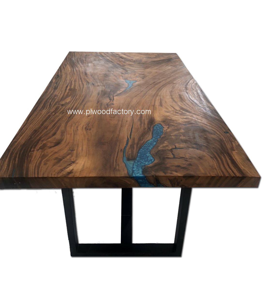 Acacia table with epoxy filled up the wood hole
