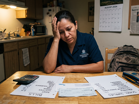 A working mother stressed as she looks at the school supply list and her monthly bills.