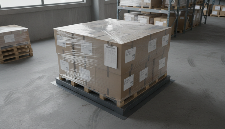 Overhead view of a pallet scale with labeled cartons ready for shipment