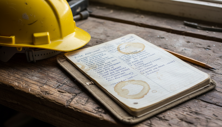 Close-up of a weathered notebook with handwritten risk notes beside a hard hat.