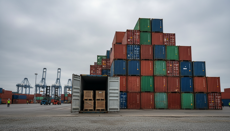 Eye-level view of stacked shipping containers under a cloudy sky.
