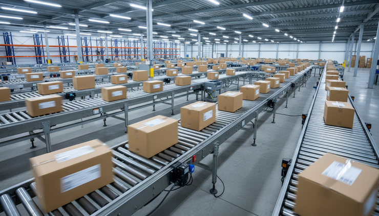 Overhead view of sorted cartons moving along a warehouse conveyor with destination labels visible.