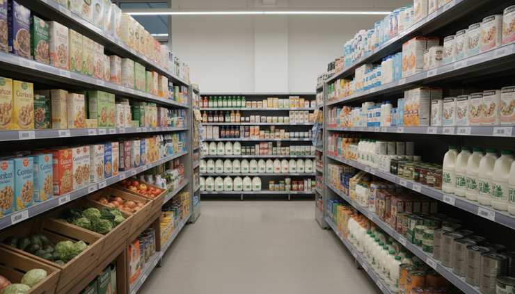 Wide-angle view of a grocery aisle with neatly stocked shelves.