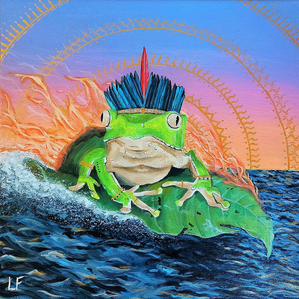 Painting of a frog in a tribal headdress surfing a leaf.