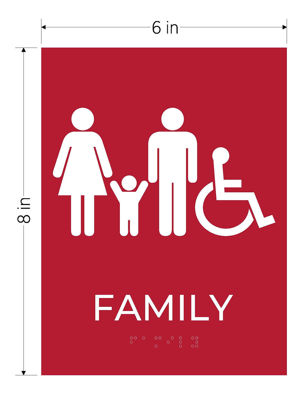 Thumbnail: family ada restroom acrylic sign red with white text and braille