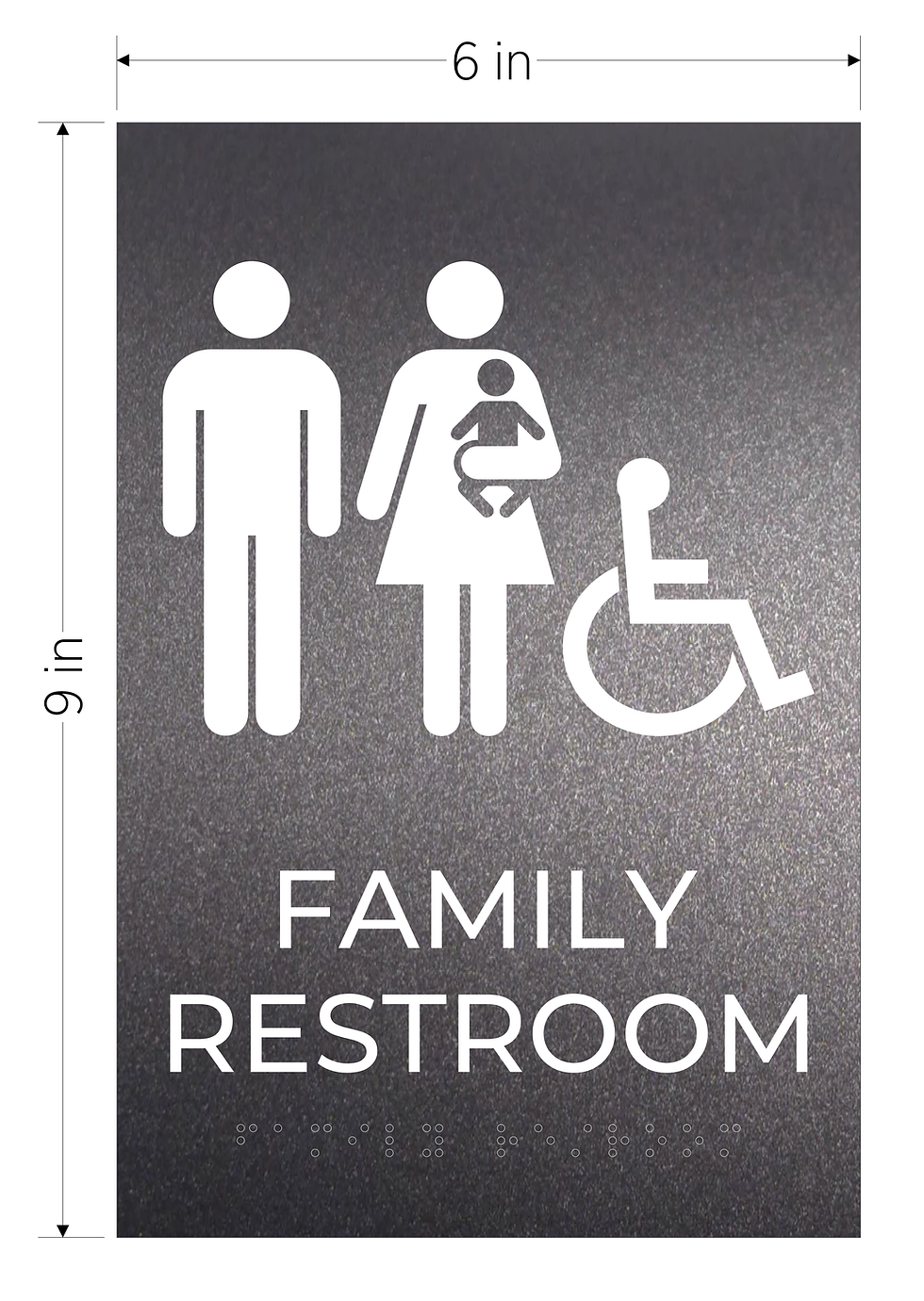 Thumbnail: family restroom ada acrylic sign graphite with white text vhb braille