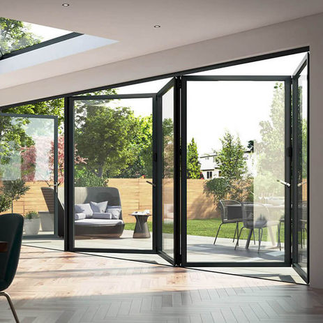 Luxury bifold doors with a black trim. View to the backyard living space.