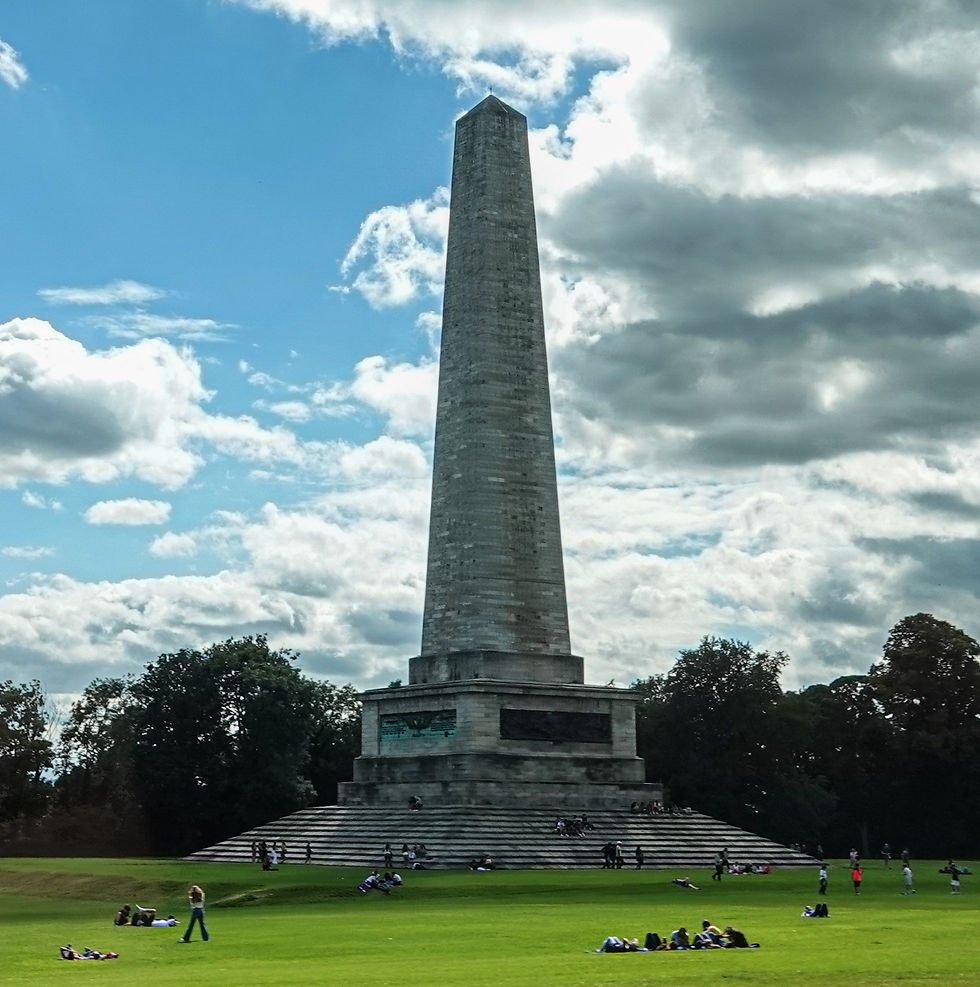 The Wellington Monument honors Arthur Wellesly, the first Duke of Wellington (of cone-hat fame in Scotland). The bronze panels at the base were made from melted-down cannons used at the Battle of Waterloo again Napoleon.
