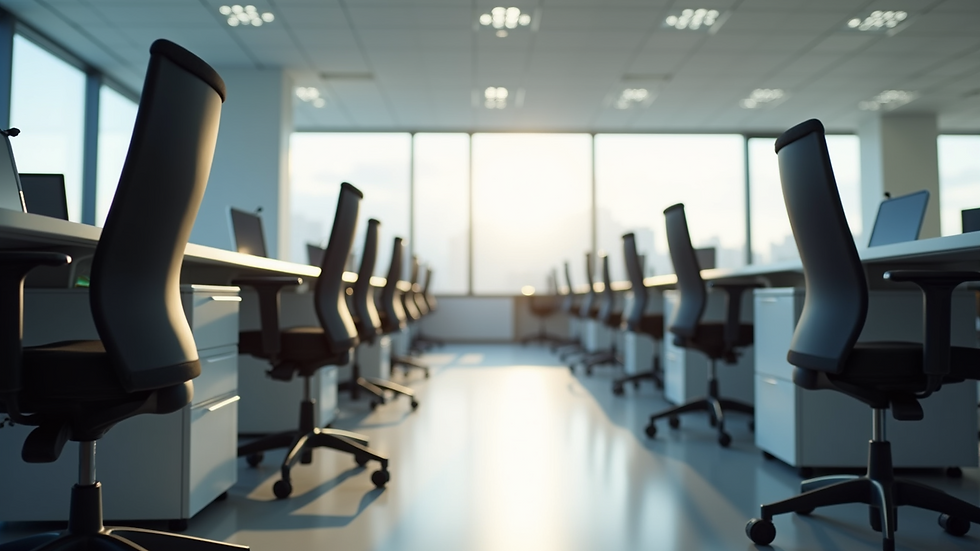 Eye-level view of a modern office with ergonomic chairs and desks