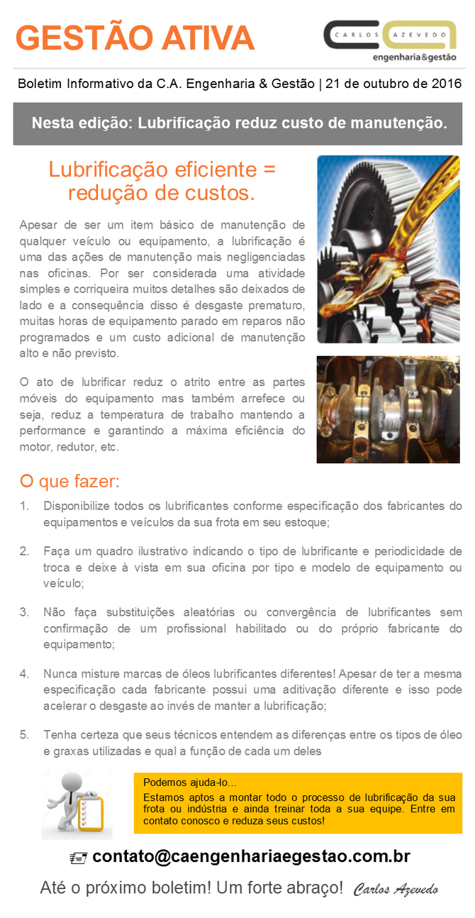 Lubrificação eficiente = redução de custos