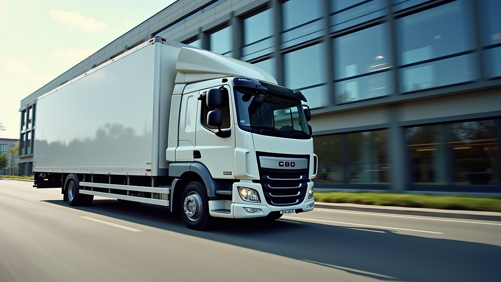 Eye-level view of a moving truck parked outside a modern office building