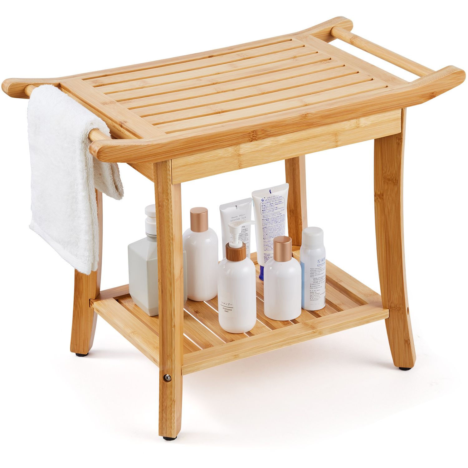 Bamboo Shower Bench, 24 x 13.8 x 18.9 in, Waterproof Shower Stool Chair with Sto