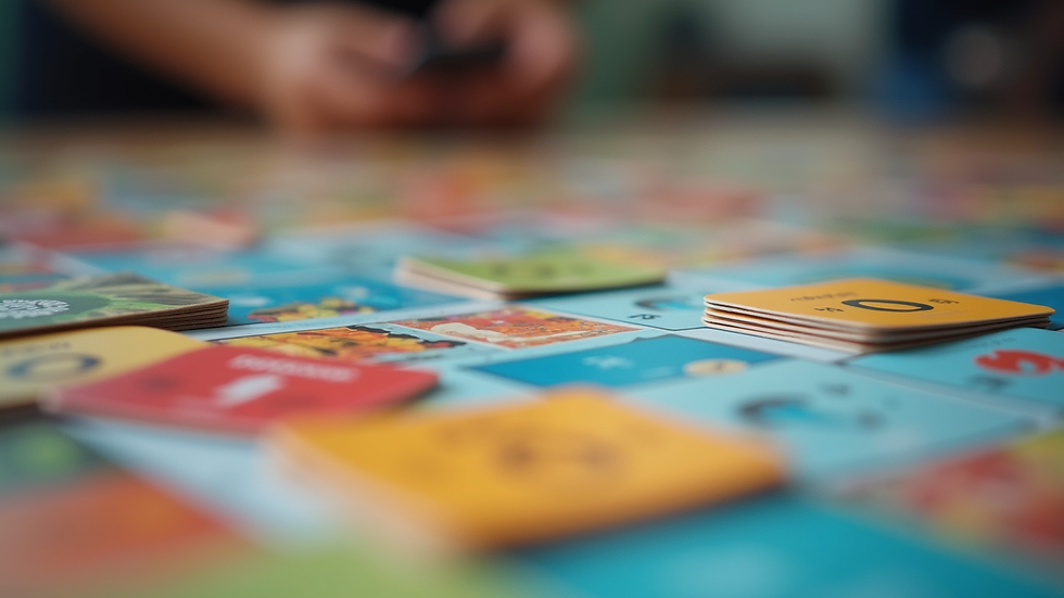Eye-level view of a colorful board game with various fact cards