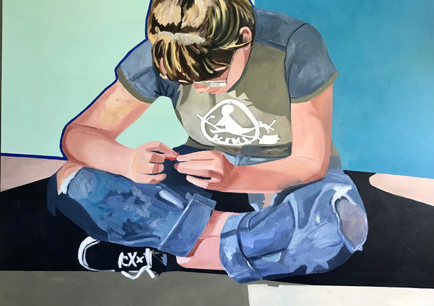 Painting by Maria Laura Hendrix titled,
Julianna Sin Tatuaje, 2021,48 x48 inches, Acrylic on Canvas