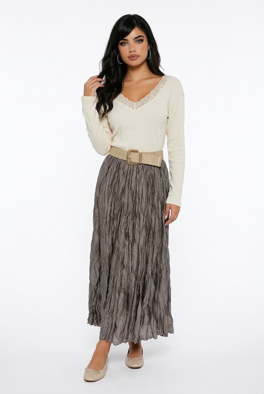 Taupe Crinkle Elastic Waist Midi Skirt | Lightweight Flowing Boutique Skirt