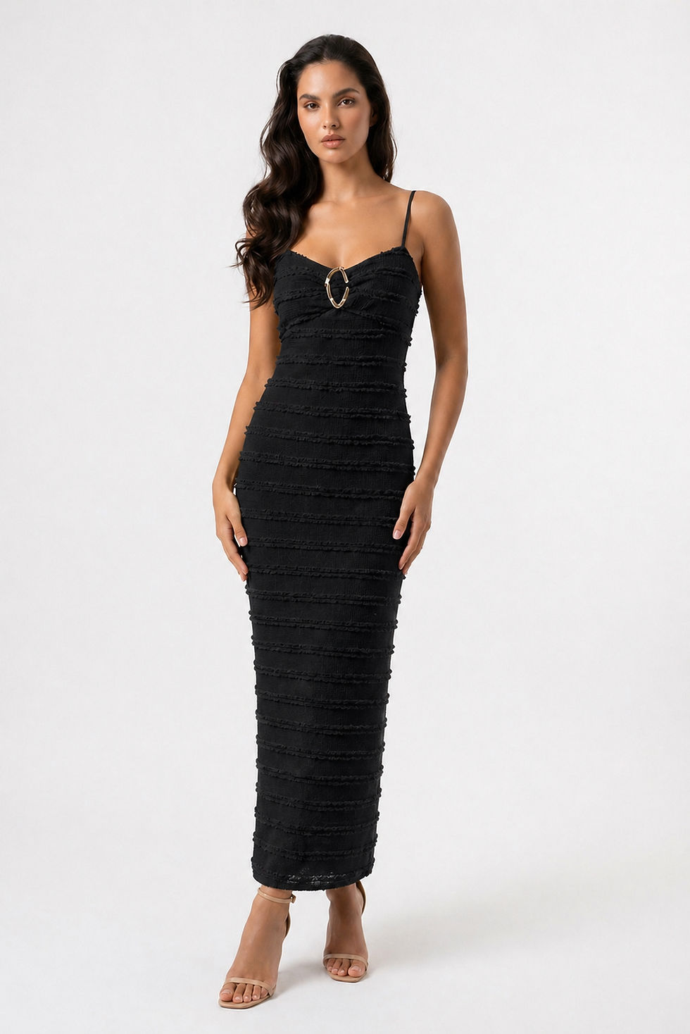 Thumbnail: Made in Italy Textured Stretch Strappy Midi Dress with Ring Detail – One Size (8–14)