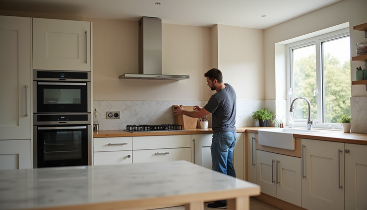 Eye-level view of a kitchen fitter installing cabinets in a modern kitchen