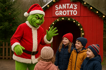 Grinch Hire for Events, image shows Grinch Character entertaining children outside the santas grotto.