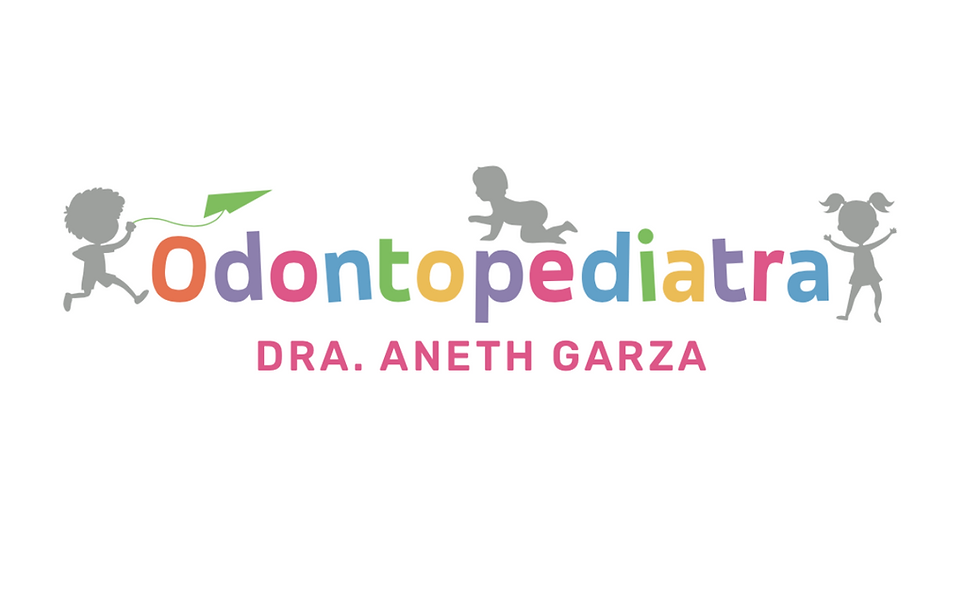 Logotipo de Consultorio Dental Aneth Garza con texto y elementos infantiles en colores pastel.