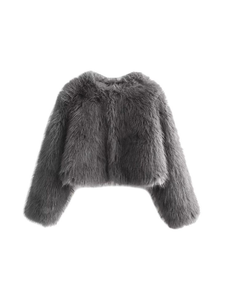 Miniatura: Women's Thick Warm Faux Fur Cropped Jacket, O Neck, Long Sleeve, Female Outerwea