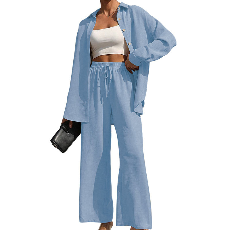 Miniatura: Women's Solid Button Front Shirt & Tie Front Wide Leg Pants Two-piece Set, Casua