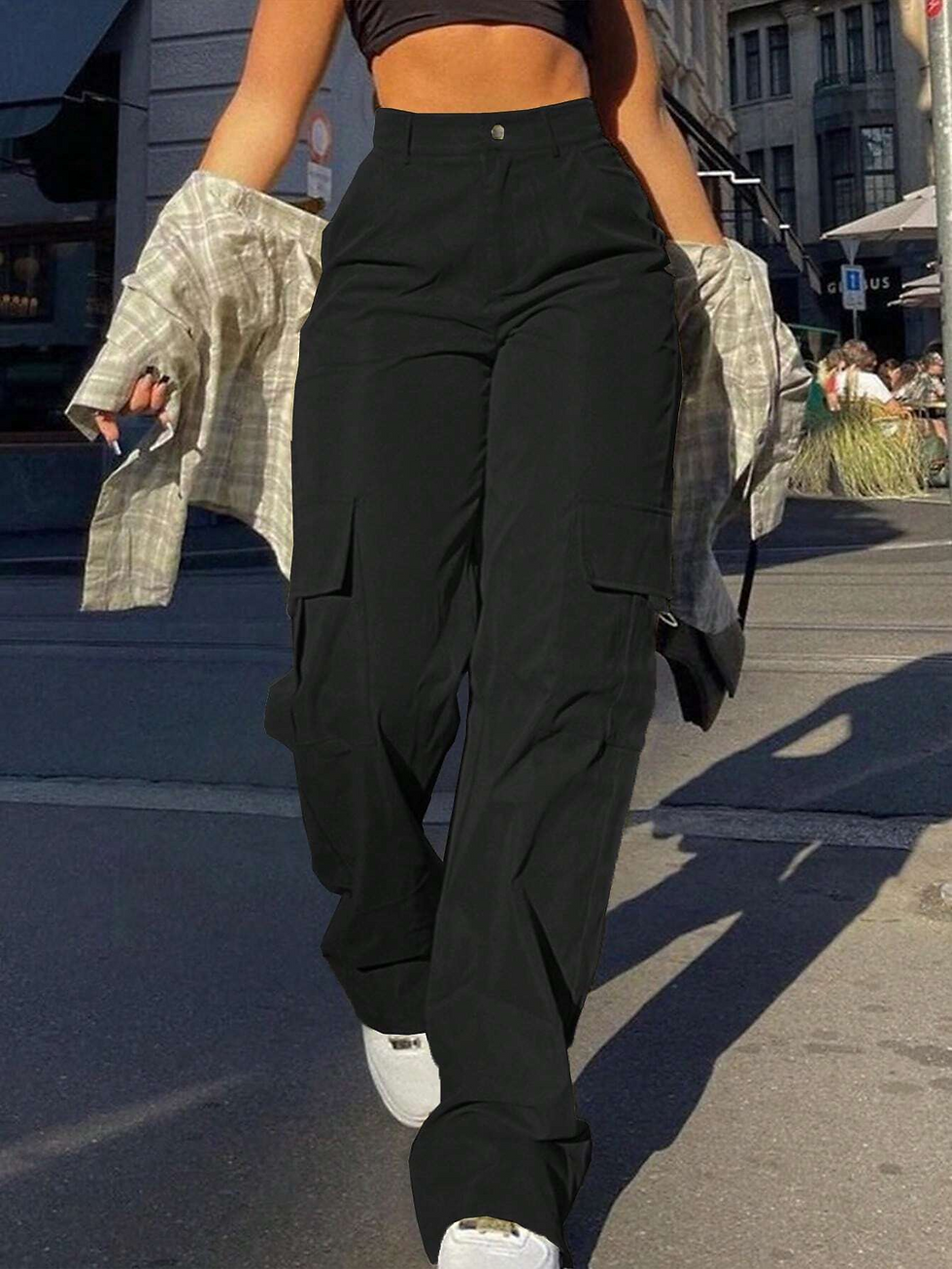 Miniatura: Women's Plain High Waist Cargo Pants, Street Fashion Casual Pocket Button Trouse