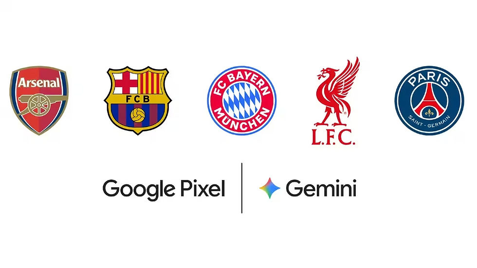 Google Gemini and Pixel logos alongside Arsenal, Barcelona, Bayern Munich, Liverpool and PSG