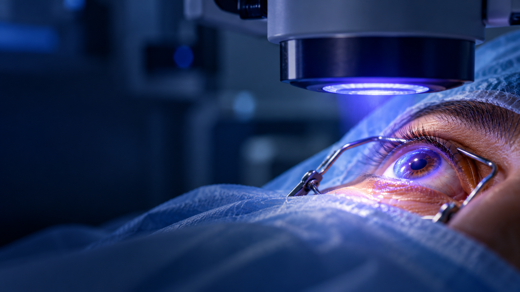 Procedimento oftalmológico de crosslinking corneano com paciente sob equipamento de luz UVA em ambiente cirúrgico
