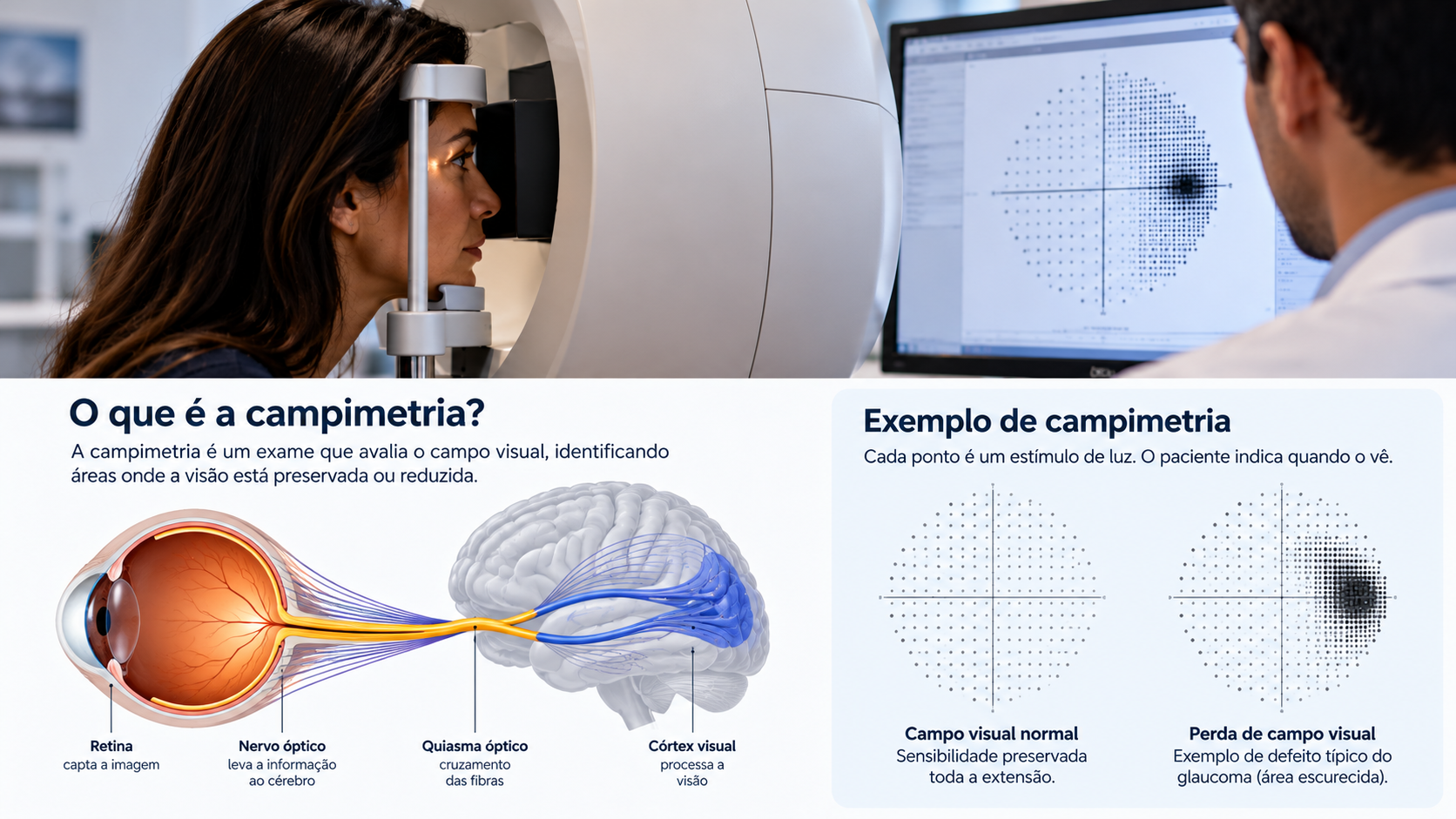 Infográfico explicando campimetria, via visual e comparação entre campo visual preservado e perda de campo