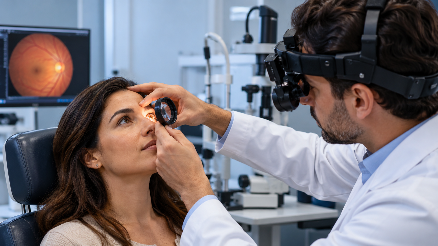 Oftalmologista realizando mapeamento de retina com oftalmoscópio indireto e lente de condensação