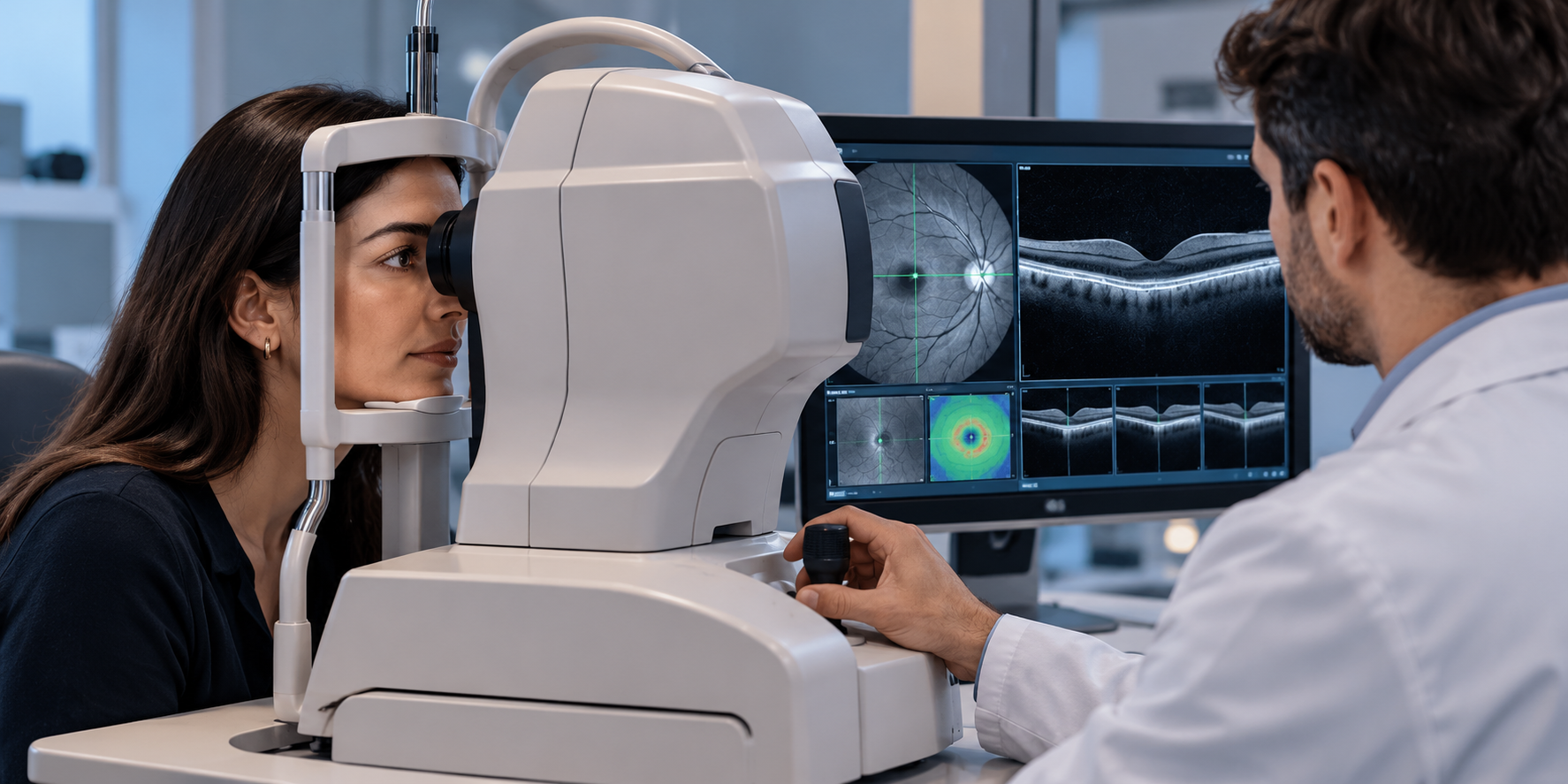 Paciente realizando exame OCT em equipamento oftalmológico enquanto o médico avalia imagens da retina no monitor
