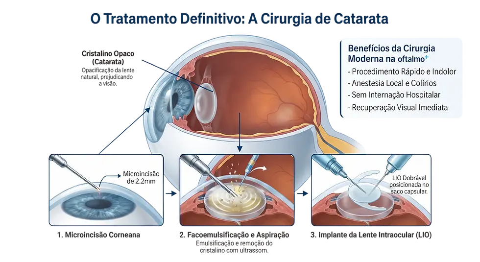 Infográfico sobre cirurgia de catarata e seus benefícios.