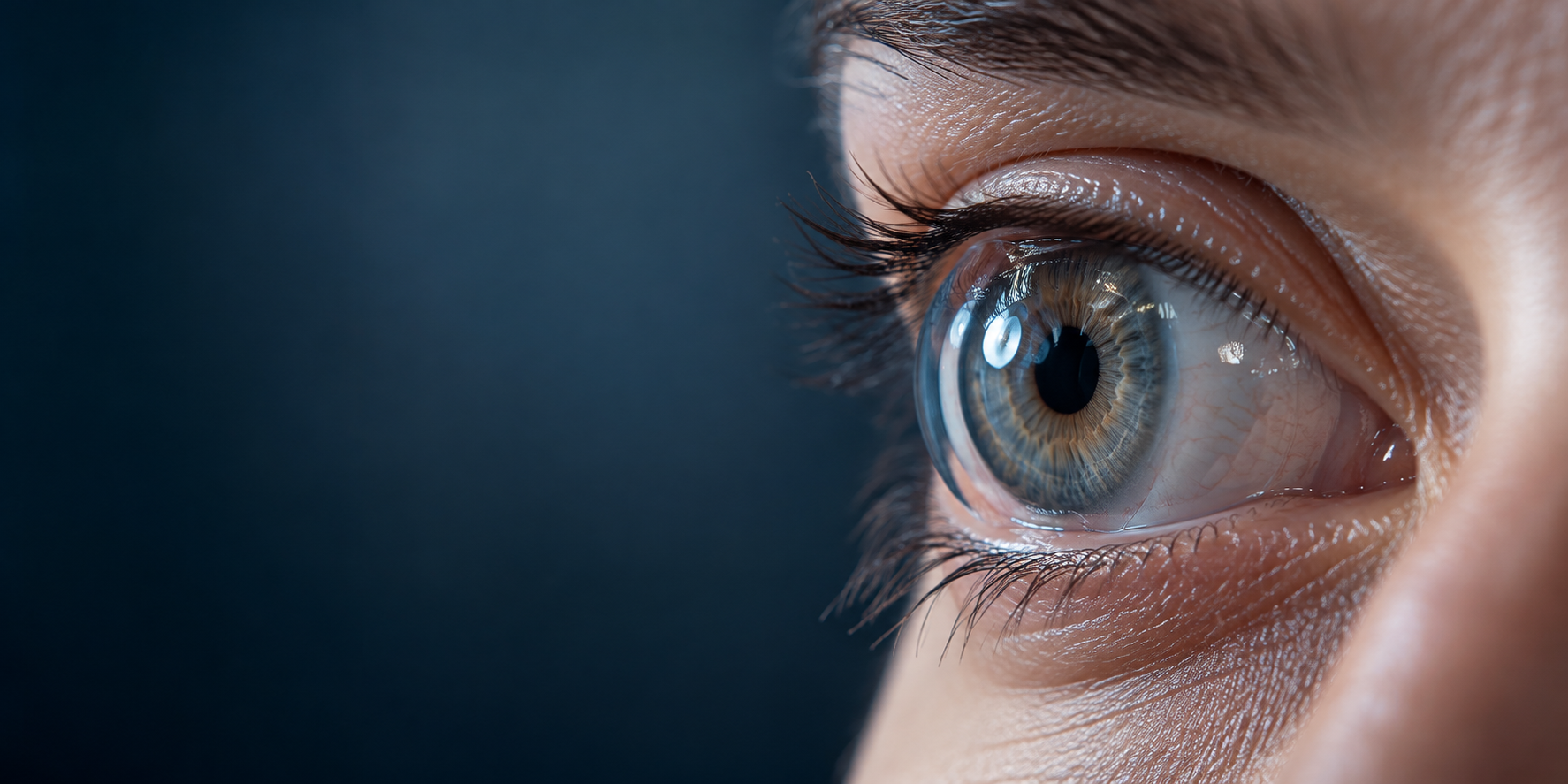 Olho em close com lente de contato transparente e iluminação azul, representando lentes esclerais