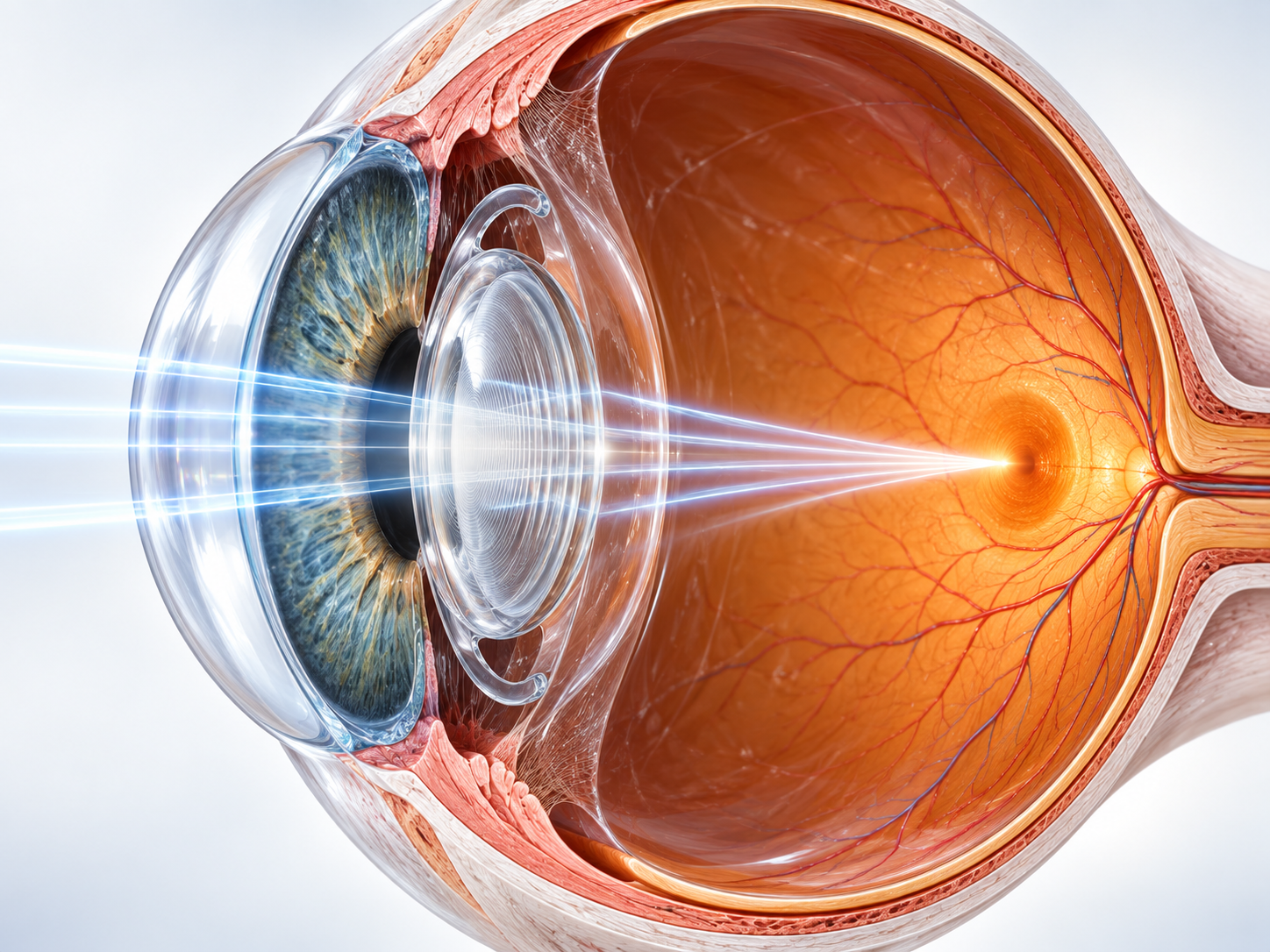 Ilustração médica em corte do olho com lente intraocular trifocal e raios de luz focalizados na retina