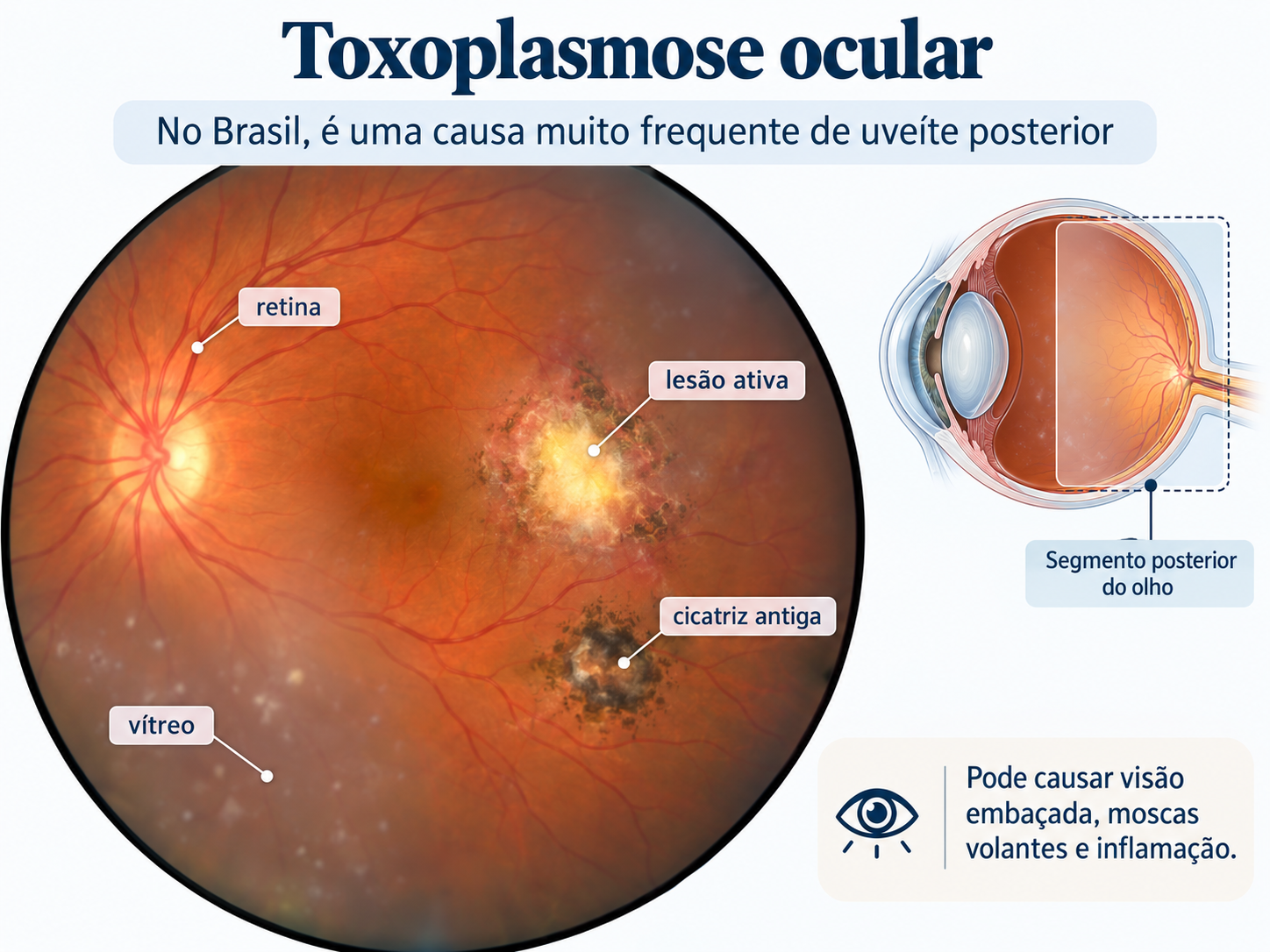 Infográfico de toxoplasmose ocular com lesão ativa de retinocoroidite e cicatriz antiga na retina