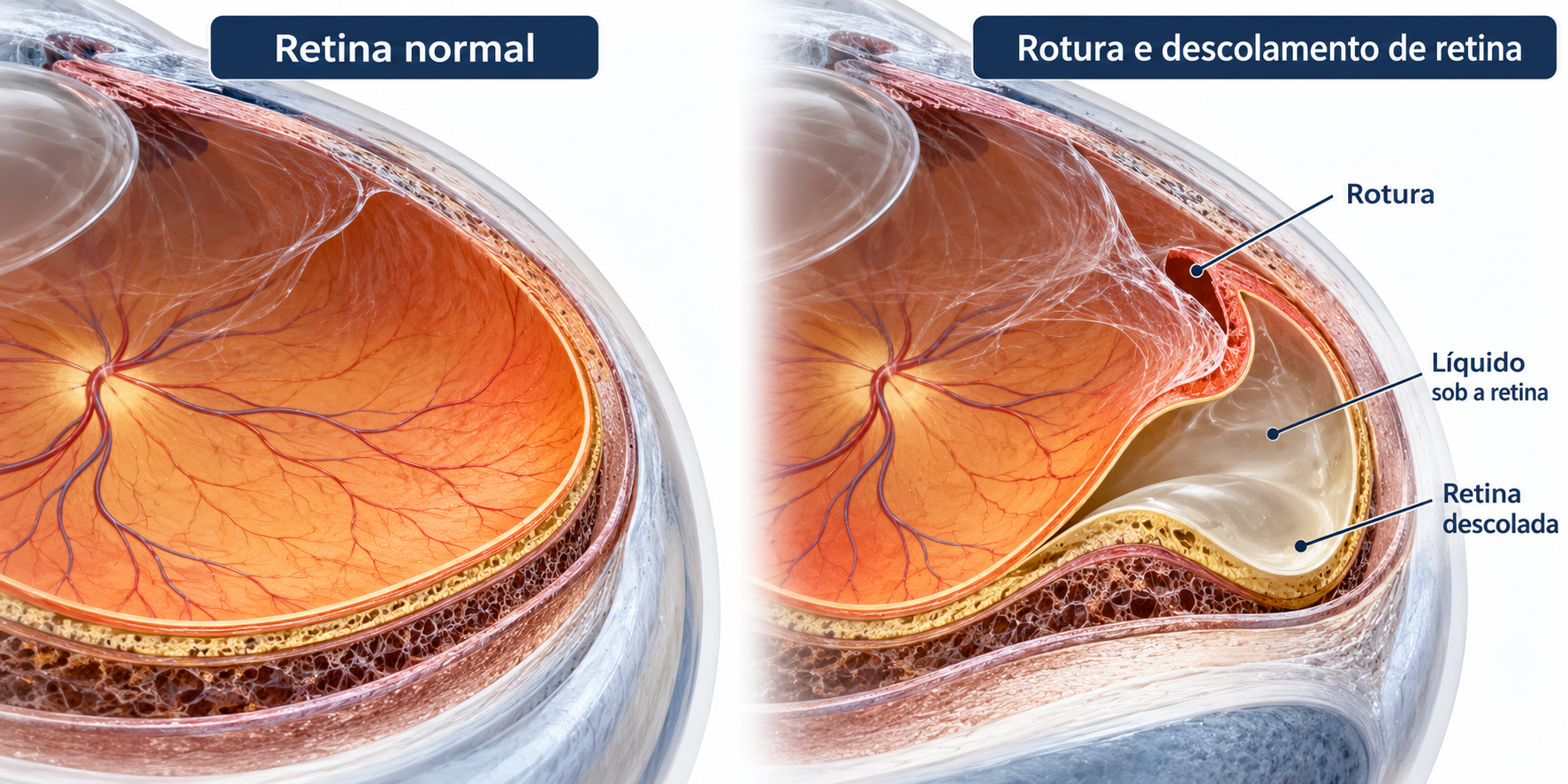 Comparação anatômica entre retina aderida e retina descolada após uma rotura com líquido acumulado sob a retina