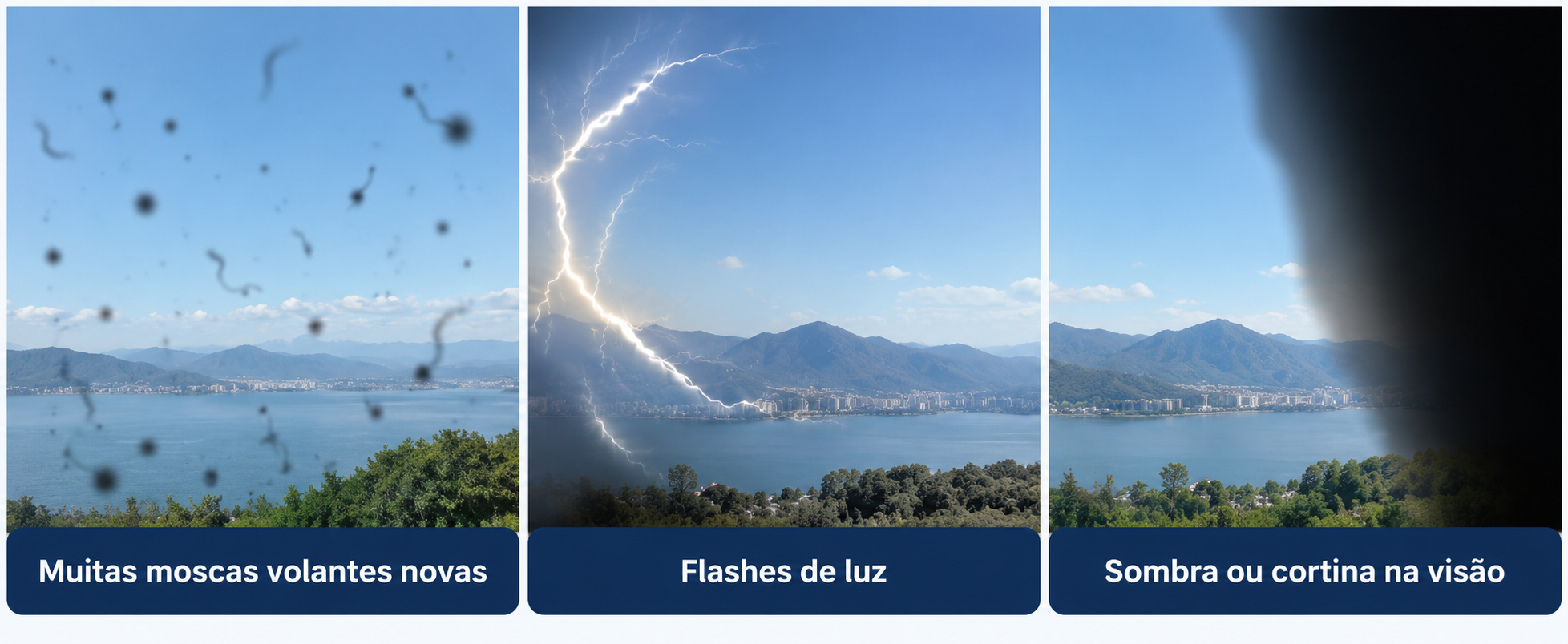 Representação visual de muitas moscas volantes novas, flashes de luz e uma sombra em forma de cortina no campo visual