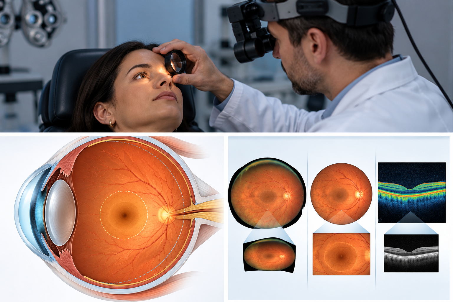 Comparação didática entre avaliação ampla da retina, fotografia do fundo do olho e cortes de OCT