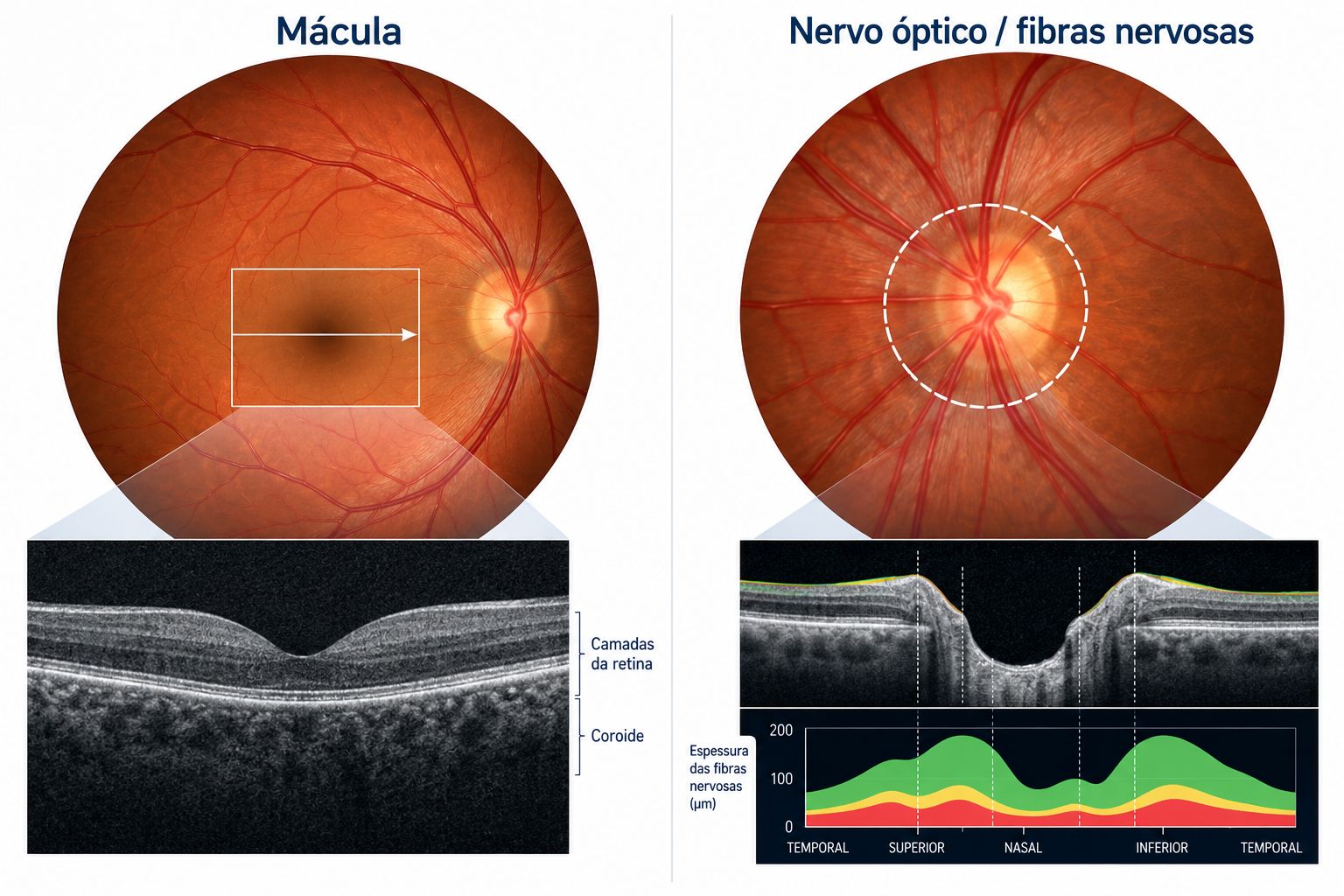 Infográfico comparando OCT da mácula com avaliação do nervo óptico e das fibras nervosas