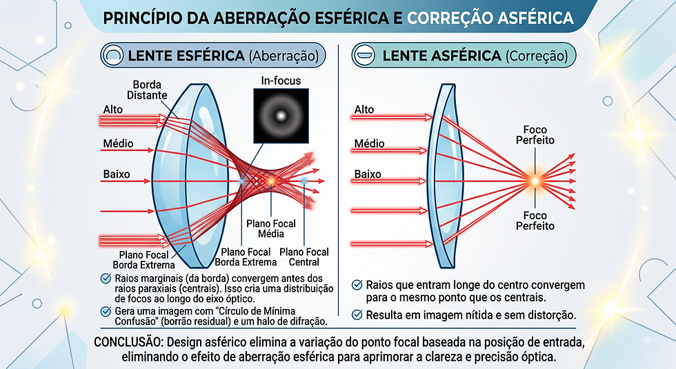Infográfico compara lente esférica e asférica com raios vermelhos; mostra aberração, foco perfeito e texto explicativo.