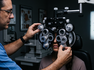 Paciente realizando exame de refração com o equipamento foróptero para medição de grau ocular.