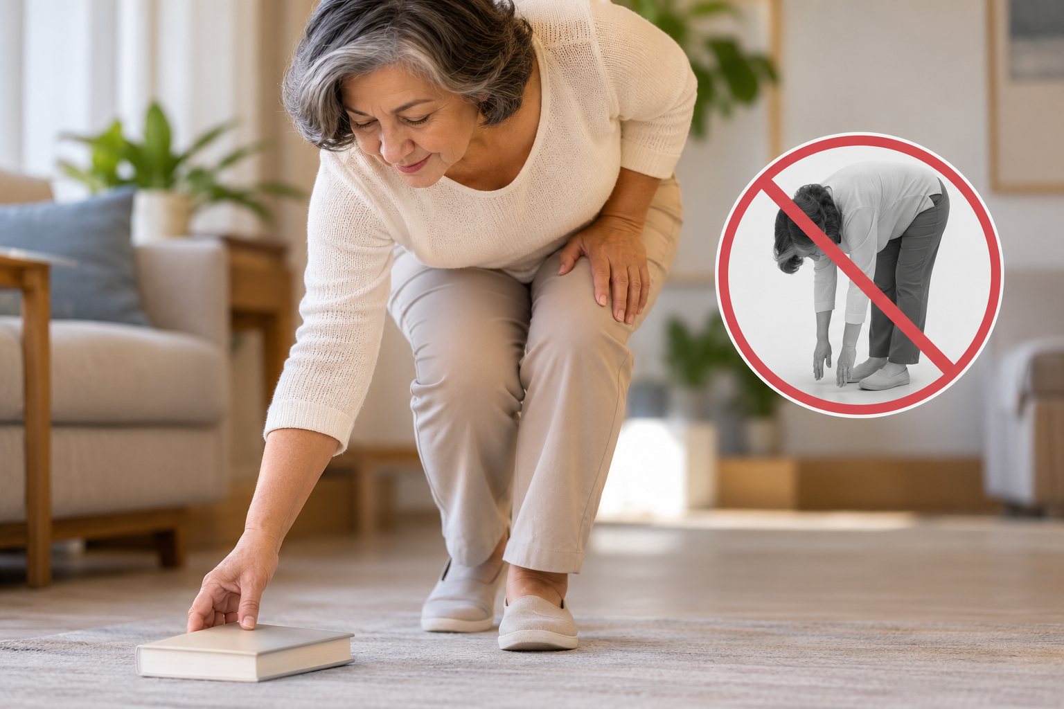 Paciente flexionando os joelhos para pegar um objeto no chão, em comparação com a inclinação profunda do tronco após cirurgia de catarata