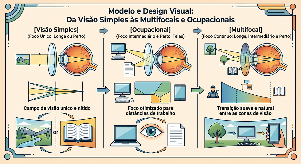 Infográfico em português compara lentes visão simples, ocupacional e multifocal com olhos, telas, livros e paisagem.