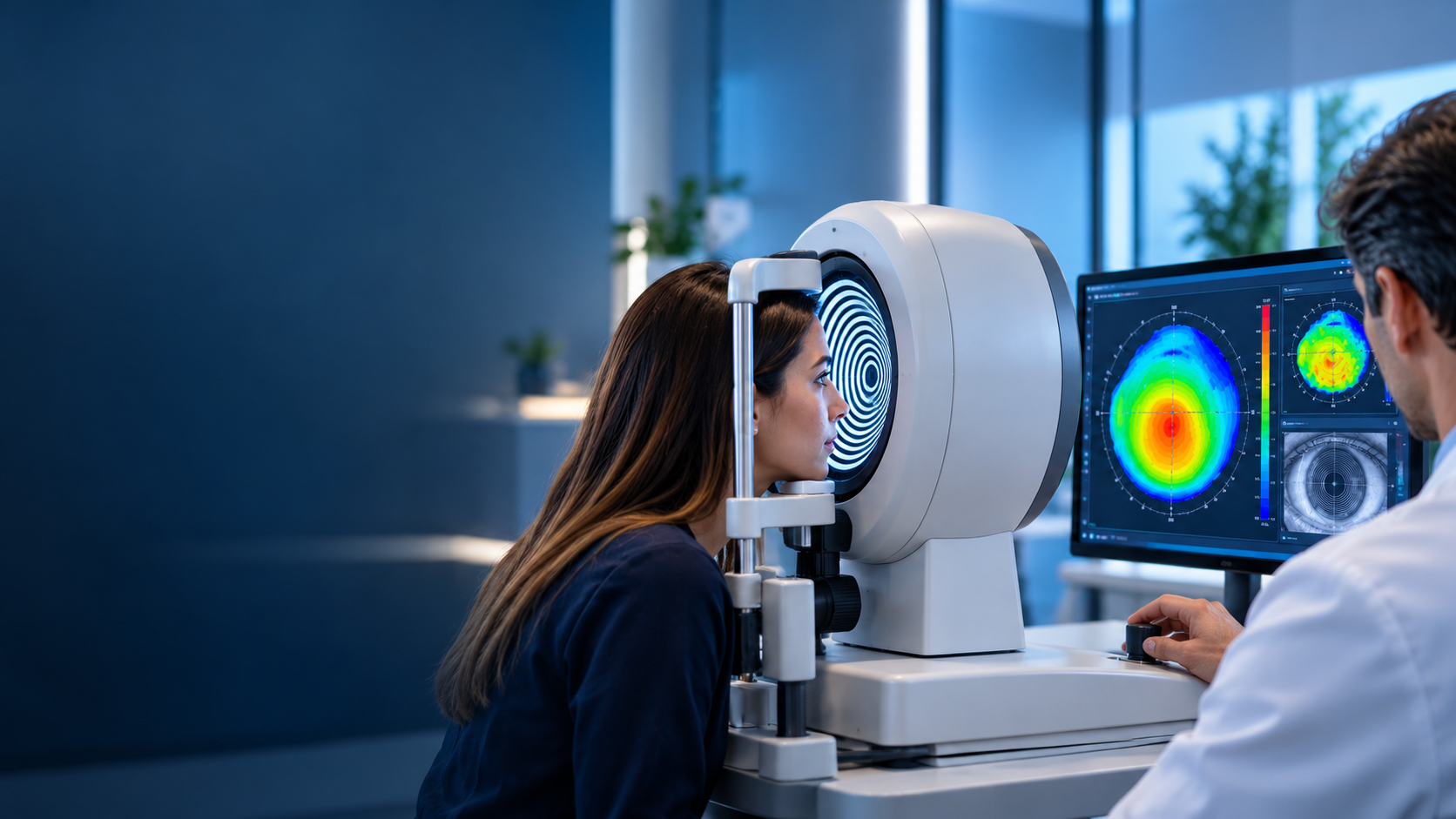 Paciente realizando topografia corneana com anéis de Plácido enquanto o médico analisa mapas de curvatura