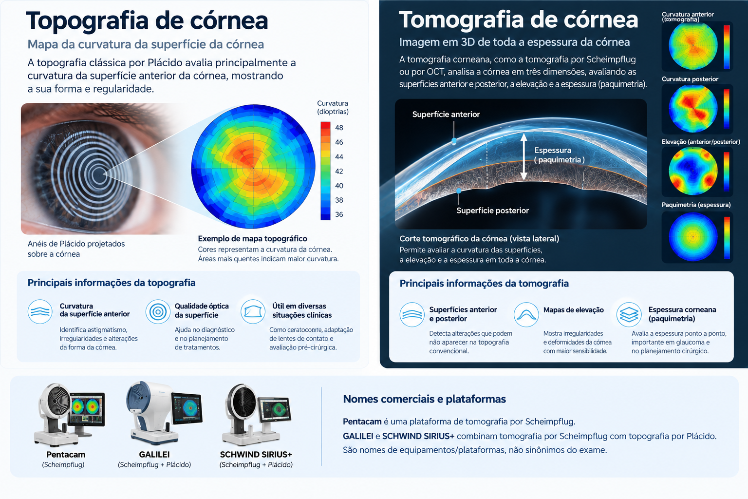 Infográfico comparando topografia da superfície anterior com tomografia tridimensional da córnea