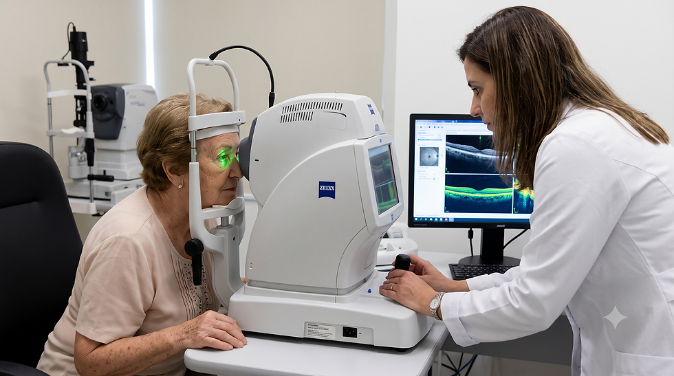 Equipamento de Tomografia de Coerência Óptica OCT sendo utilizado em consulta oftálmica
