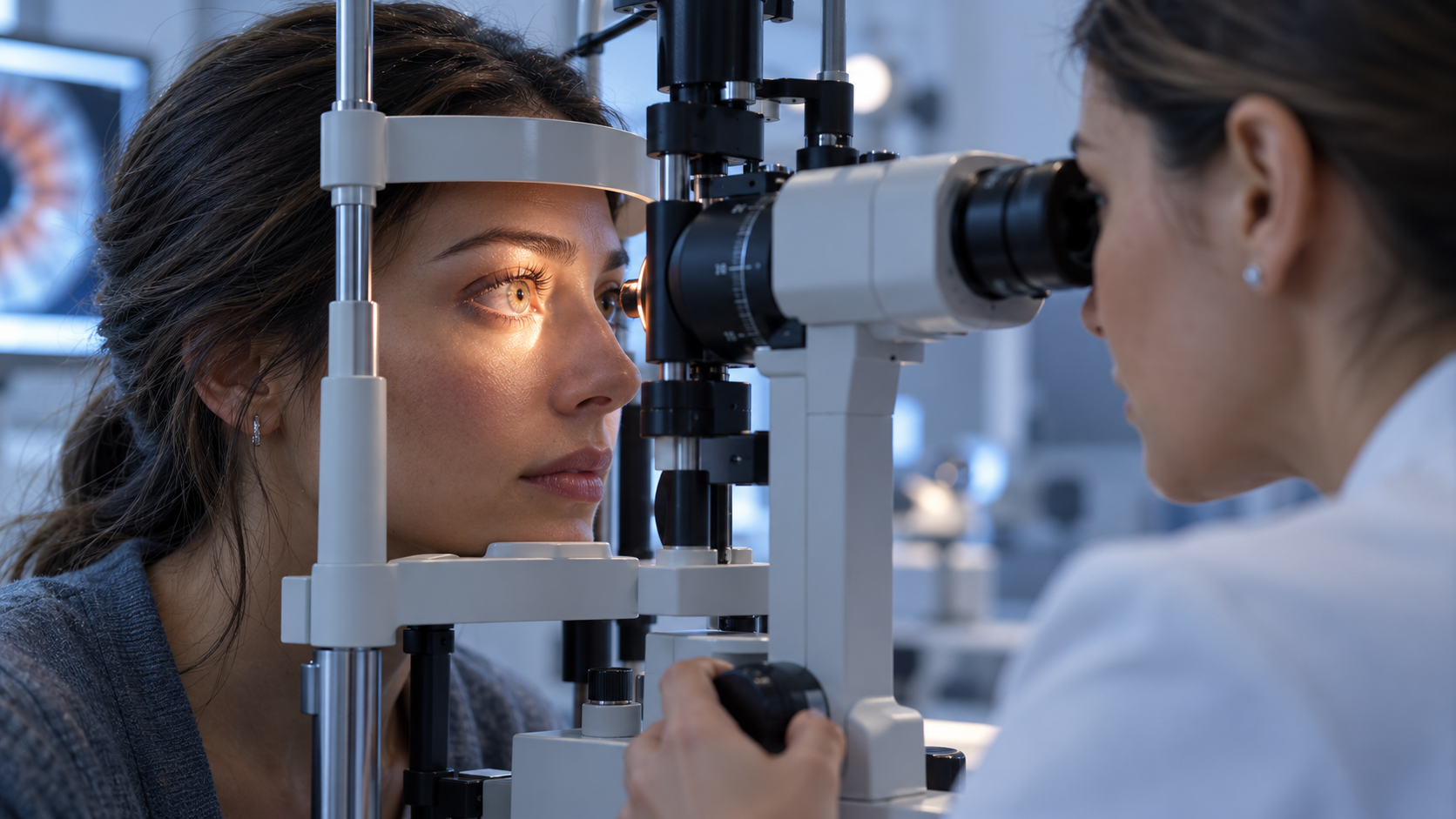 Paciente sendo examinada em lâmpada de fenda durante avaliação de inflamação ocular